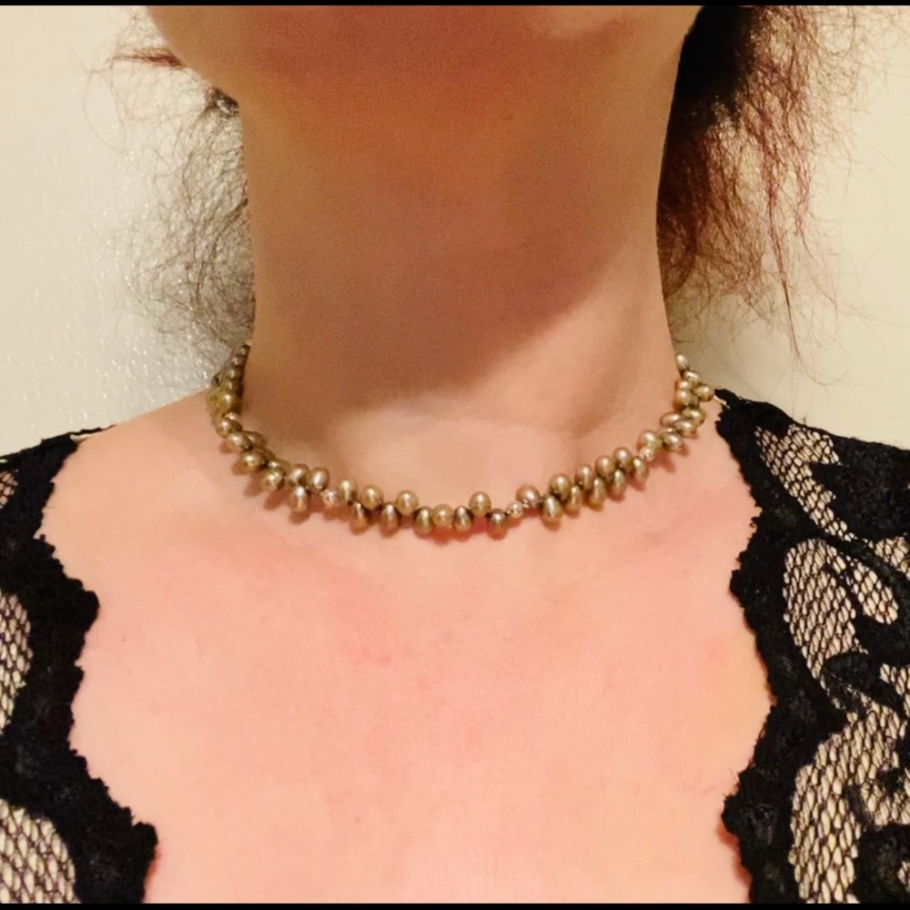 Hand Crafted Dove Gray Rice Freshwater Pearl Choker Necklace Authentic Silk